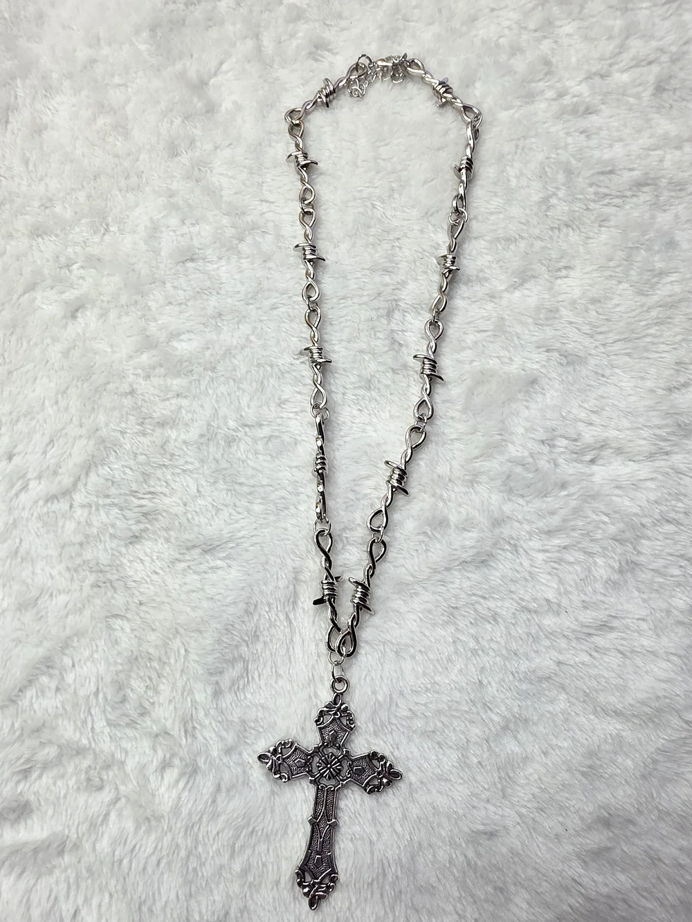 Intricate Silver Cross Pendant Barbwire Necklace